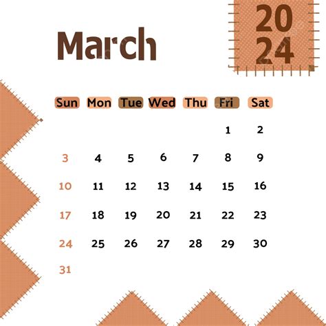 March 2024 Calendar Monthly Brown Graphics Vector Template March 2024