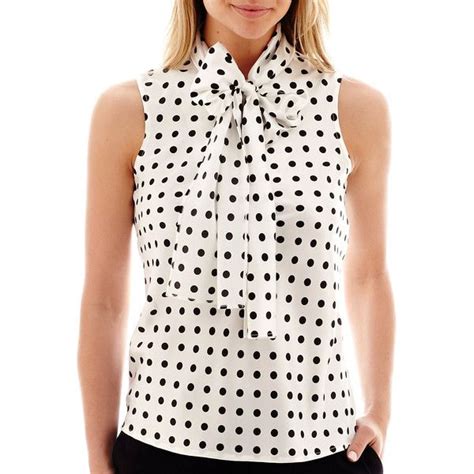 Black Label By Evan Picone Sleeveless Polka Dot Bow Blouse White