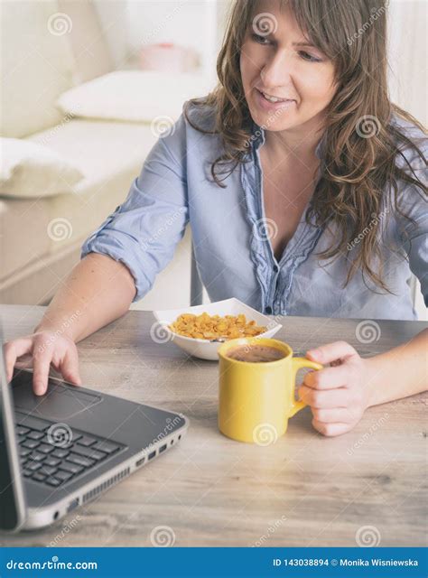 Woman Eating Breakfast At Home Stock Photo Image Of Female