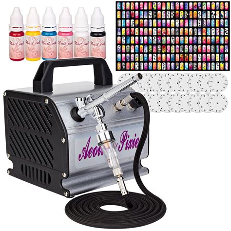 Professional Nail Art Airbrush Kit Dual Action Compressor 6 Color 20