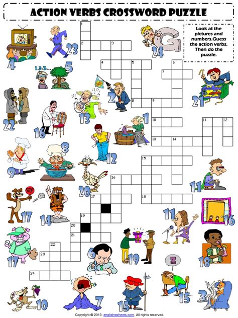 Action Verbs Esl Vocabulary Crossword Puzzle Worksheet For Kids