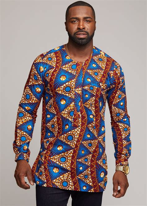 Jafari Mens African Print Long Sleeve Traditional Shirt Blue Pyramid Diyanu