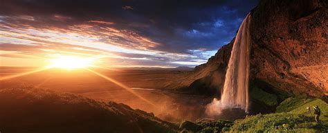 Hd Wallpaper Waterfalls Skógafoss Waterfall Glow Iceland Sunset