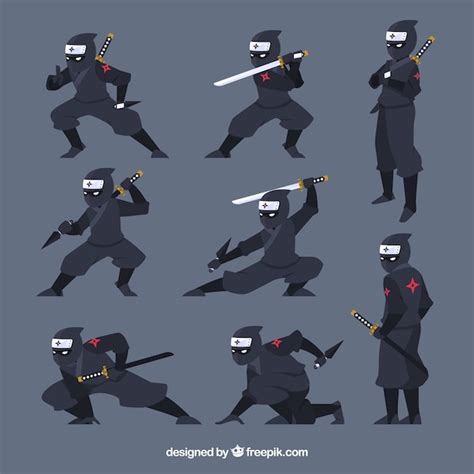 Colección De Personaje De Ninjas Con Poses Diferentes Vector Premium