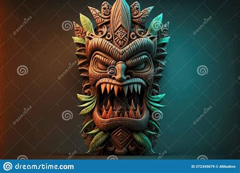 Ancient Wooden Tiki Mask With Teeth Of Exotic Tribes Stock Image