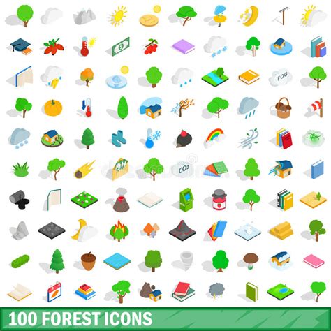 100 Forest Icons Set Isometric 3d Style Stock Vector Illustration Of