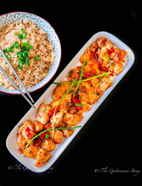 I love how you get that super dark background. Szechuan Style Chicken in Chilli Bean Sauce with Egg Fried ...
