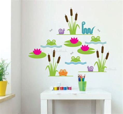 This wall sticker makes a bold and elegant statement alone, but can also refresh this wall decal is produced with top quality vinyl best suited for indoor surfaces. Frog pond decals, cat tails, lily pad decal, snail snake decal, nursery wall decal, frog wall ...