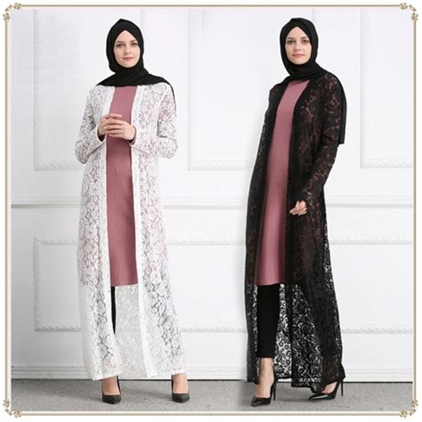 Elegant Muslim Lace Abaya Maxi Dress Open Cardigan Long Robe Kimono