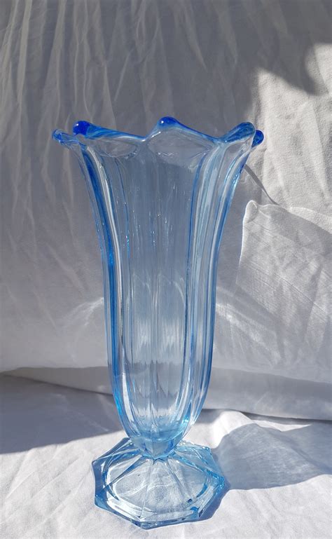 Art Deco Blue Pressed Glass Vase Etsy