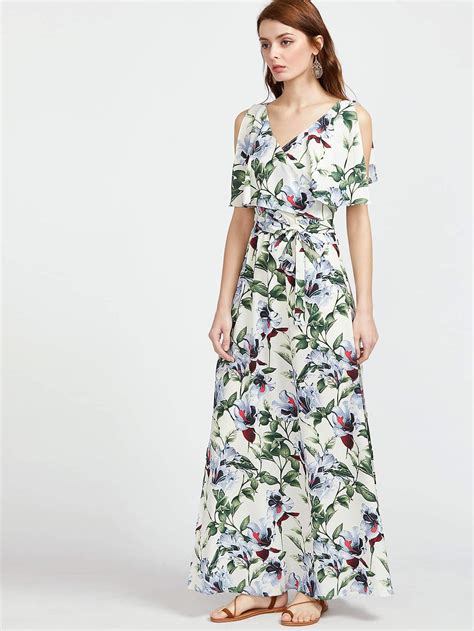 Botanical Print Surplice Wrap Split Dress Shein Sheinside