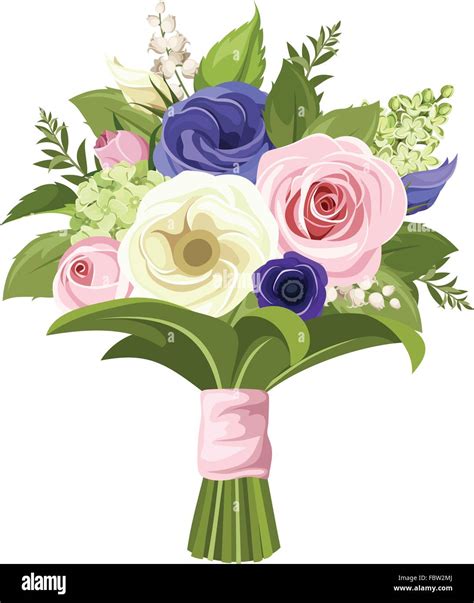Bouquet Of Pink White And Blue Flowers Vector Illustration Stock