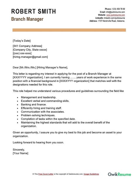 Branch Manager Cover Letter Examples Qwikresume