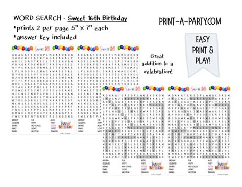16th birthday sweet 16 words of wisdom. WORD SEARCH: Sweet 16 Birthday - great for parties ...