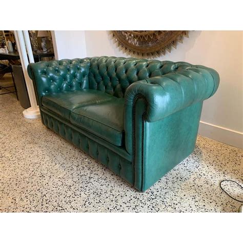 Original English Hunter Green Chesterfield Leather Two Seat Sofa Chairish