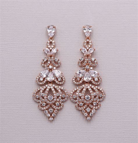 Rose Gold Chandelier Earrings Cubic Zirconia Earrings Bridal Jewelry