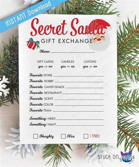 Printable Secret Santa Gift Exchange Questionnaire Christmas Secret