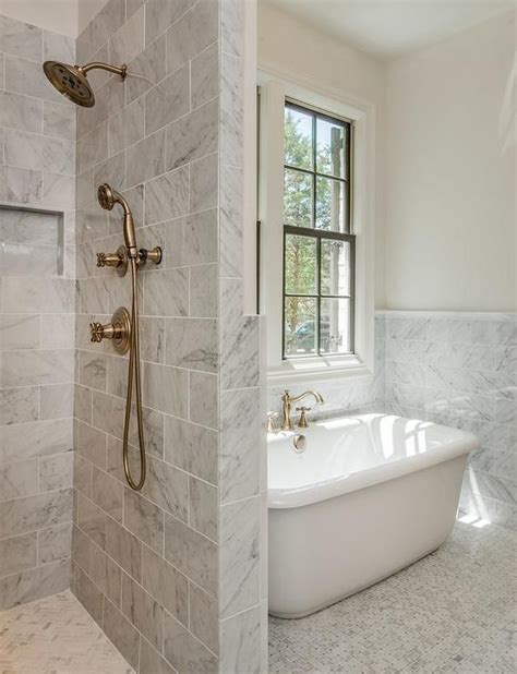 Gray Marble Bathroom With Shower Next To Tub Transitional Bathroom Bathroom Remodel Master
