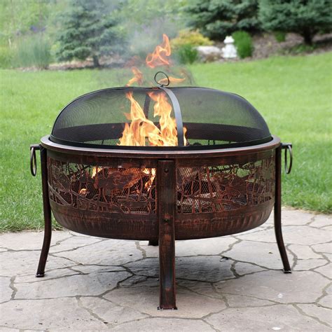 Sunnydaze Fire Pit Steel With Northwoods Fishing Design And Spark Screen Walmart Com