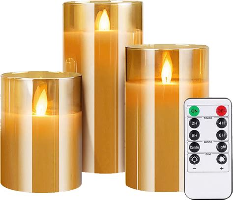 Gold Glass Battery Operated Candle With Timer Remote Led Flameless