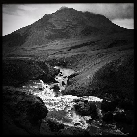 Iceland Landscape With River And Mountain Black And White Photograph By