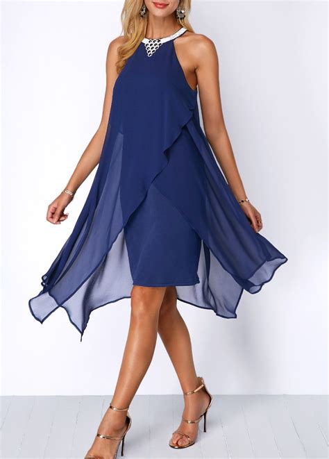 Blue Chiffon Overlay Embellished Neck Dress Usd 3787