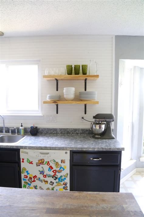Diy shelving unit | organization: Airy-Looking DIY Kitchen Open Shelving - Shelterness