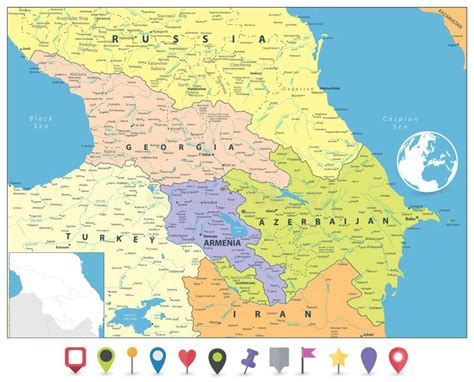 Caucasus Political Map And Flat Map Markers Stock Vector Illustration