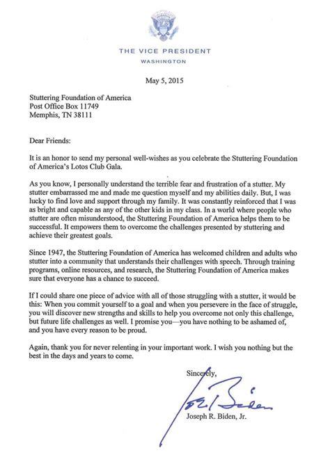 Search online for the official mailing address of the leader. Letter from the Vice President | Stuttering Foundation: A Nonprofit Organization Helping Those ...