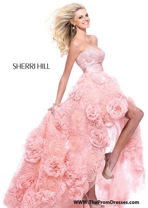 Sherri Hill 21170 Light Pink Strapless Floral Hi Lo Prom Dresses