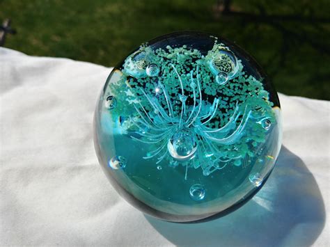 Studio Made Glass Paperweight Controlled Bubbles Blue Green Black