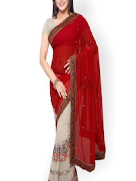 Buy Satrani Red And Beige Embroidered Georgette Embellished Saree Sarees For Women 1588210 Myntra