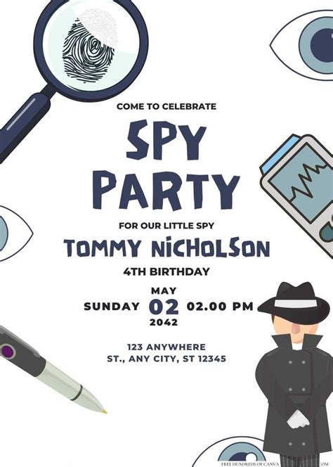 A Flyer For A Spy Party With An Eyeball Pen And Magnifying Glass