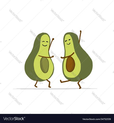 Funny Avocado Couple Dancing Cartoon Characters Vector Image