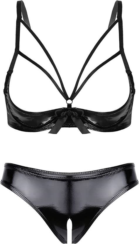 Mufeng Womens Two Piece Vinyl Lingeire Set Patent Leather Shelf Bra With Crotchless Panties