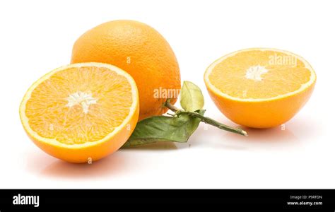 Orange Isolated On White Background One Whole With Green Leaf And Two