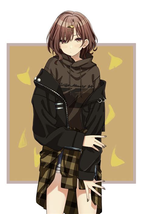 Safebooru - 1girl bangs black jacket brown background brown eyes brown hair brown hoodie closed 