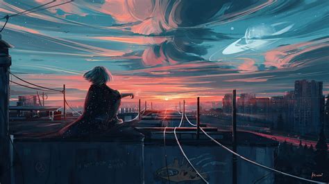 Anime Girl City Sunset Wallpaper