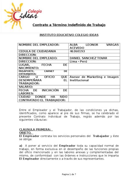 Contrato De Trabajo Colombia Derecho Laboral Salario Prueba