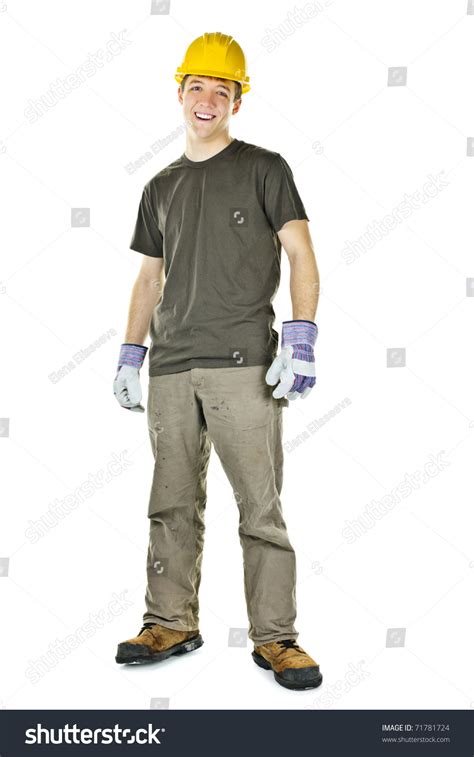Happy Construction Worker With Hard Hat Full Body Standing Isolated On