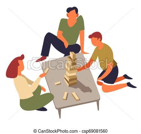 ¡el juego de preguntas y desafíos que pone a la familia frente a frente! Familia jugando a juegos de mesa jenga aislados personajes ...