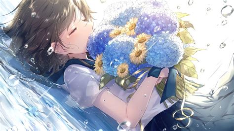 Download 1920x1080 Anime School Girl Lying Down Flower Bouquet Closed Eyes Water Bubbles