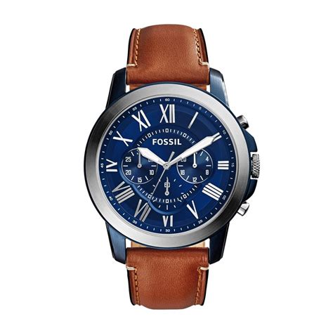 Gents Fossil Grant Chronograph Blue Dial Leather Strap Watch Watches