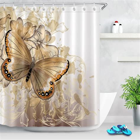Lb 72 Cute Stylish Floral White And Gold Shower Curtains Butterfly