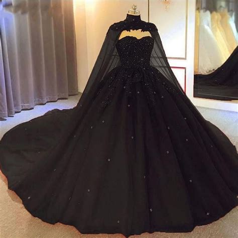 2021 Black Ball Gown Gothic Wedding Dresses With Cape Sweetheart Beaded Tulle Princess Bridal