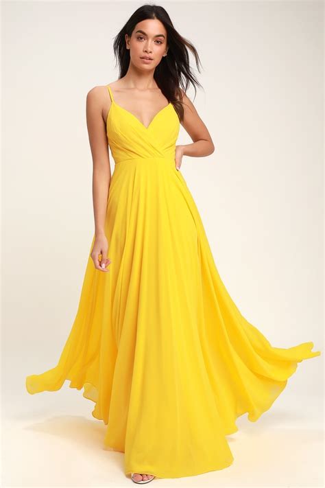 Lovely Yellow Maxi Dress Yellow Surplice Bridesmaid Dress Lulus