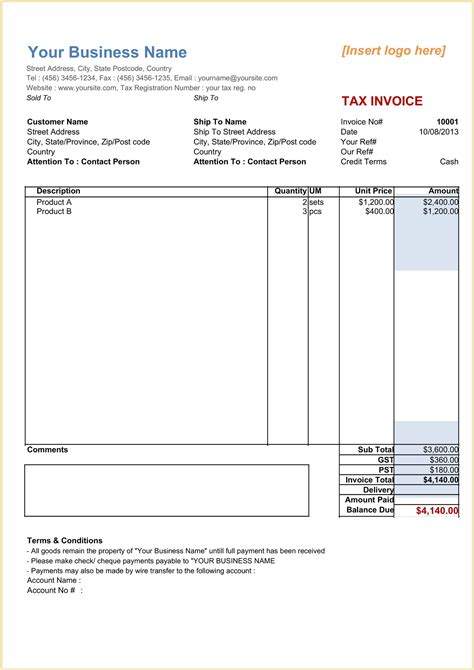 Sample Payment Invoice Template