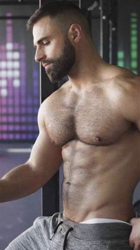 Shirtless Male Muscular Beefcake Hairy Chest Manly Beard Hunk Man Photo