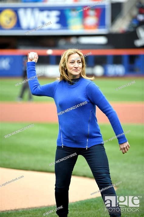 Edie Falco Throws Out The First Pitch At The New York Mets Game At Citi Field In New York City