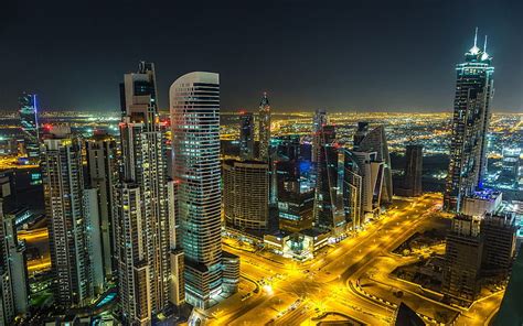 Dubai Skyscrapers Night Uae Modern Buildings Crossroads Modern